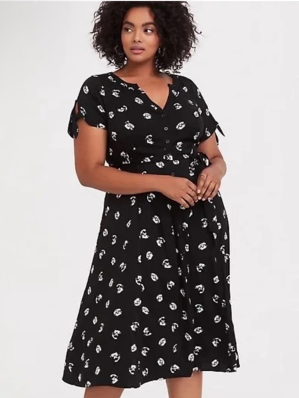 torrid Black retro telephone V-Neck Midi Dress with Tie Sleeves